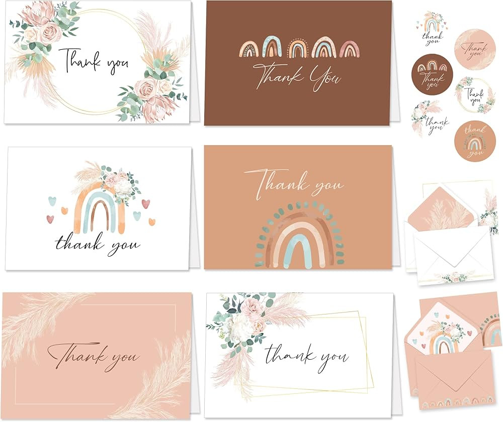 Decorably 24 Boho Thank You Cards with Envelopes - 6 Designs of Boho Rainbow Thank You Cards, Not... | Amazon (US)