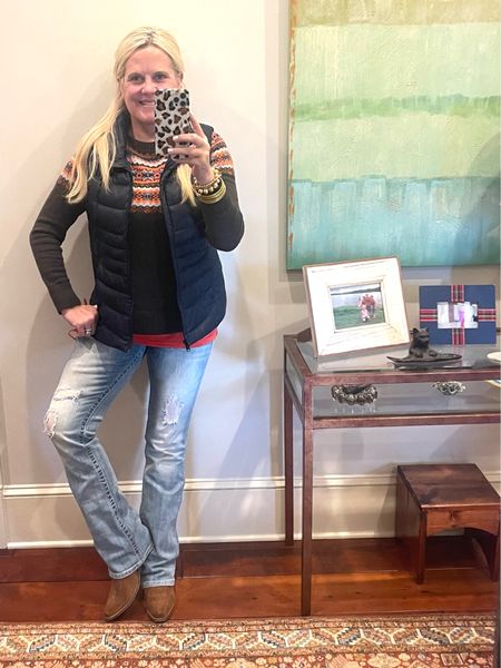 What I’d wear for…a day on the farm. Talbots Fair Isle Crewneck Sweater • sweaters are always too short for me so I wear a tank under / Distressed Jeans / Tank Top / Lane Boots / North Face Puffer Vest / Susan Shaw Bracelet 🍁

#LTKfit #LTKSeasonal #LTKstyletip