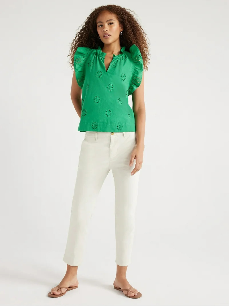 Free Assembly Women's Cotton Sleeveless Flutter Eyelet Top, Sizes XS-XXL | Walmart (US)