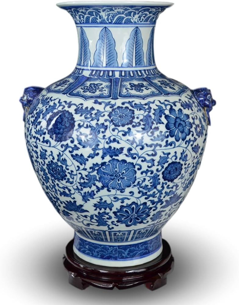 Festcool 18" Classic Blue and White Floral Porcelain Vase, Double Lion Head Ears Ceramic China Mi... | Amazon (US)