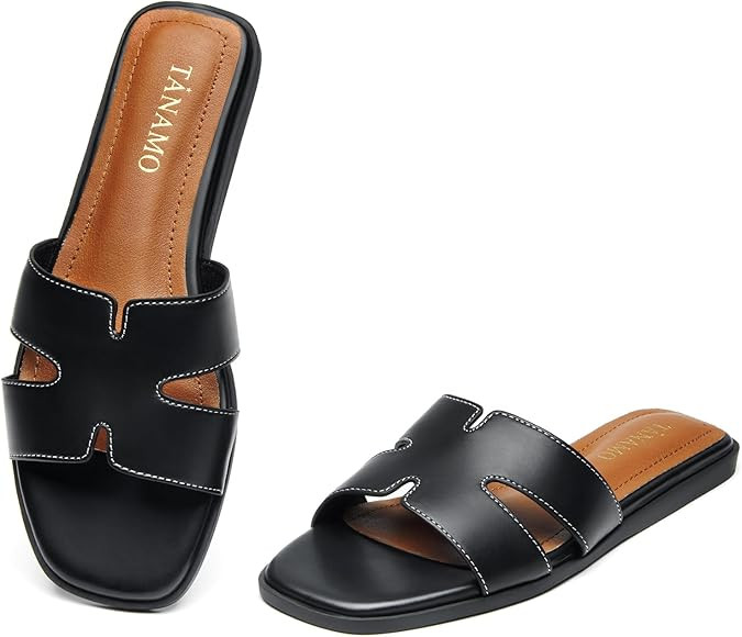 Tanamo Women's Slide Sandals, Comfortable Flats Summer Dressy Casual Beach Open Toe Shoes Slip On... | Amazon (US)