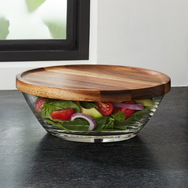 Miles Glass Bowl with Acacia Wood Lid + Reviews | Crate and Barrel | Crate & Barrel