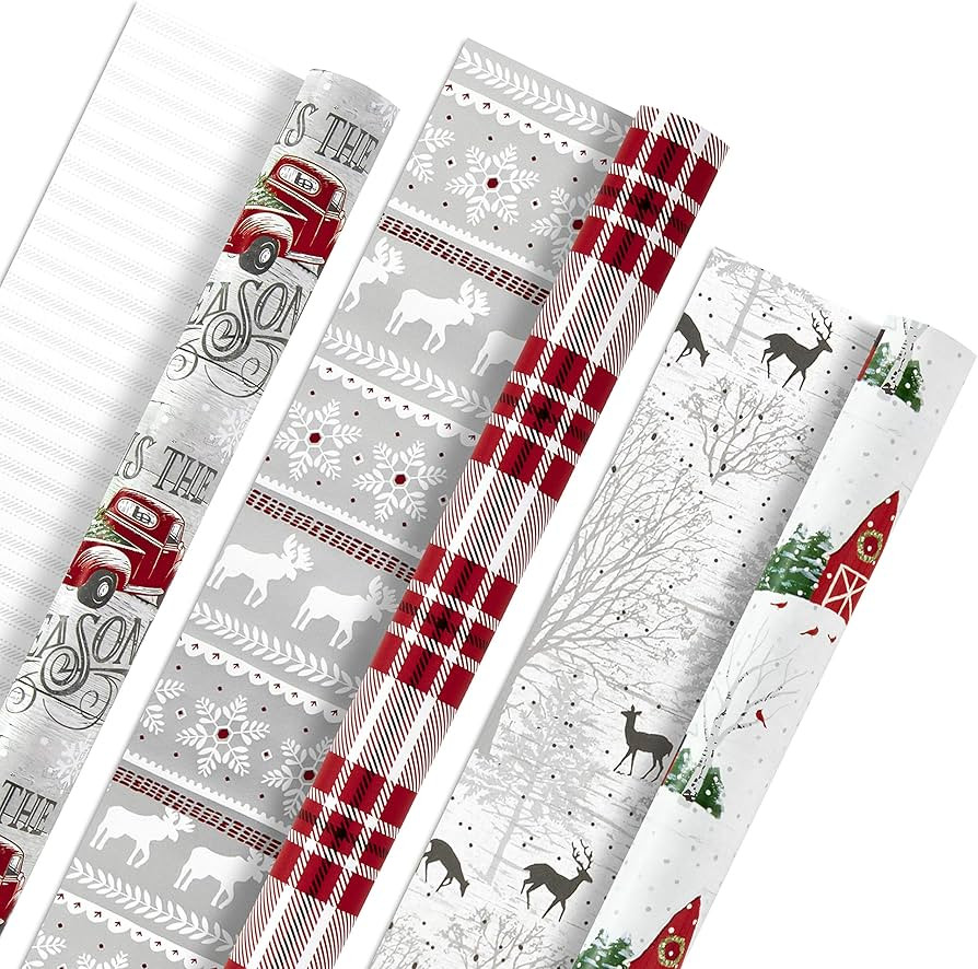 Hallmark Holiday Wrapping Paper Rolls - Rustic Christmas Gift Wrap Paper (Set of 3 Reversible Rol... | Amazon (US)