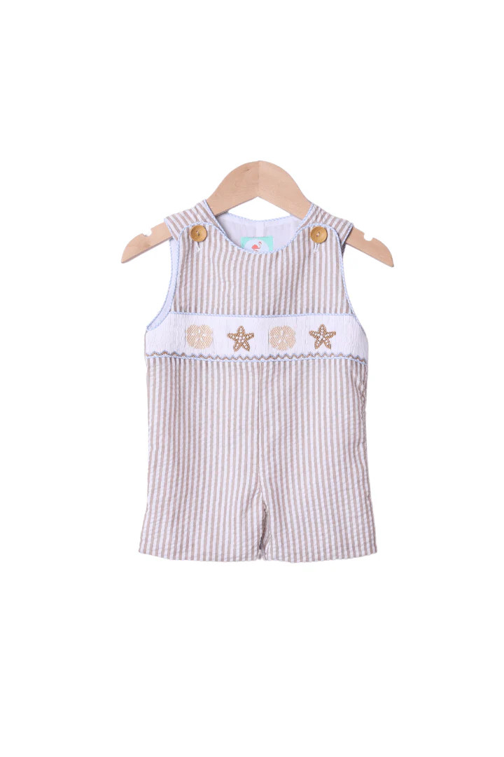 Smocked Starfish Khaki Seersucker Jon Jon | The Smocked Flamingo