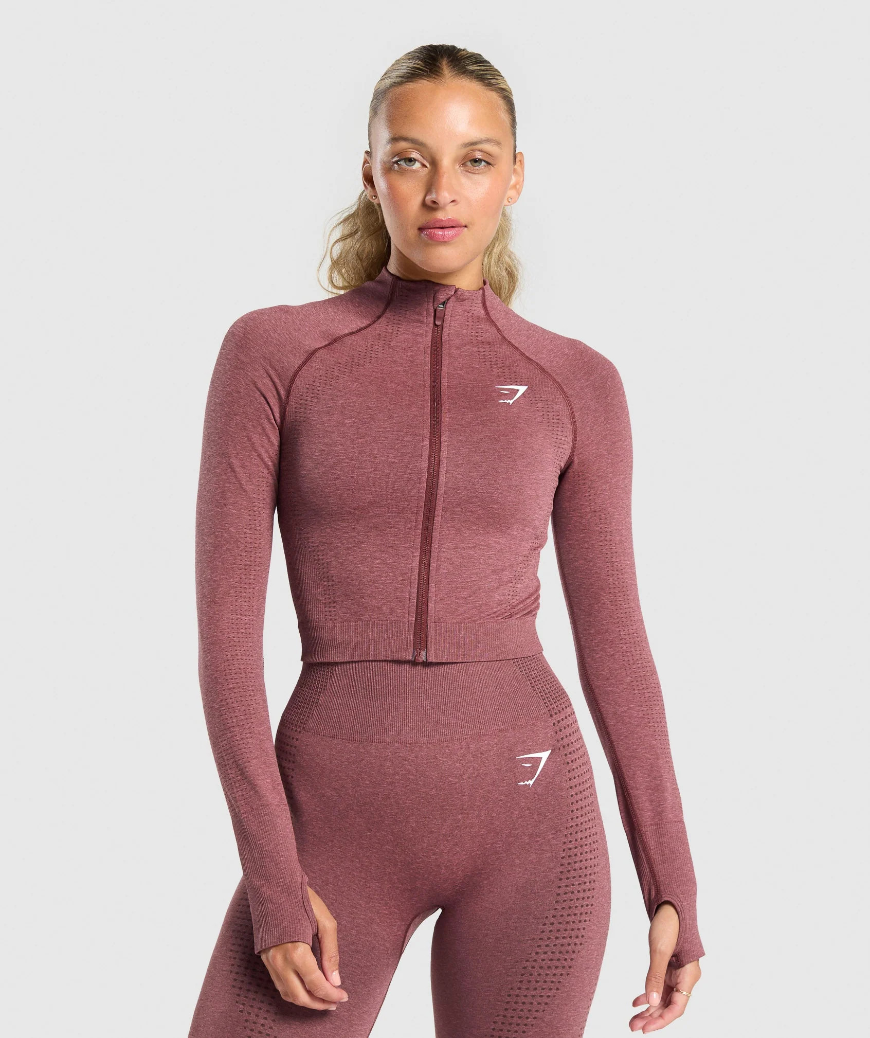 Gymshark Vital Midi Zip Up Jacket - Burgundy Pink Marl | Gymshark US