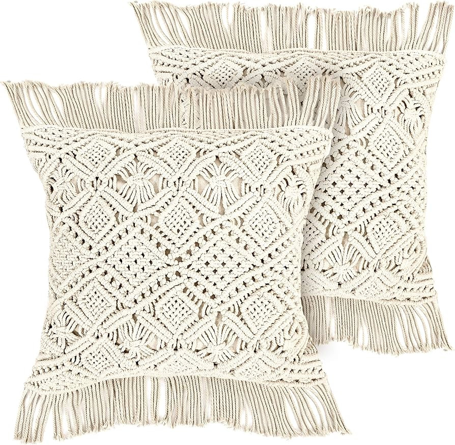 LIVALAYA Macrame Pillow Covers - Set of 2 Ivory Boho Throw Pillow Covers, Farmhouse Woven Bohemia... | Amazon (US)