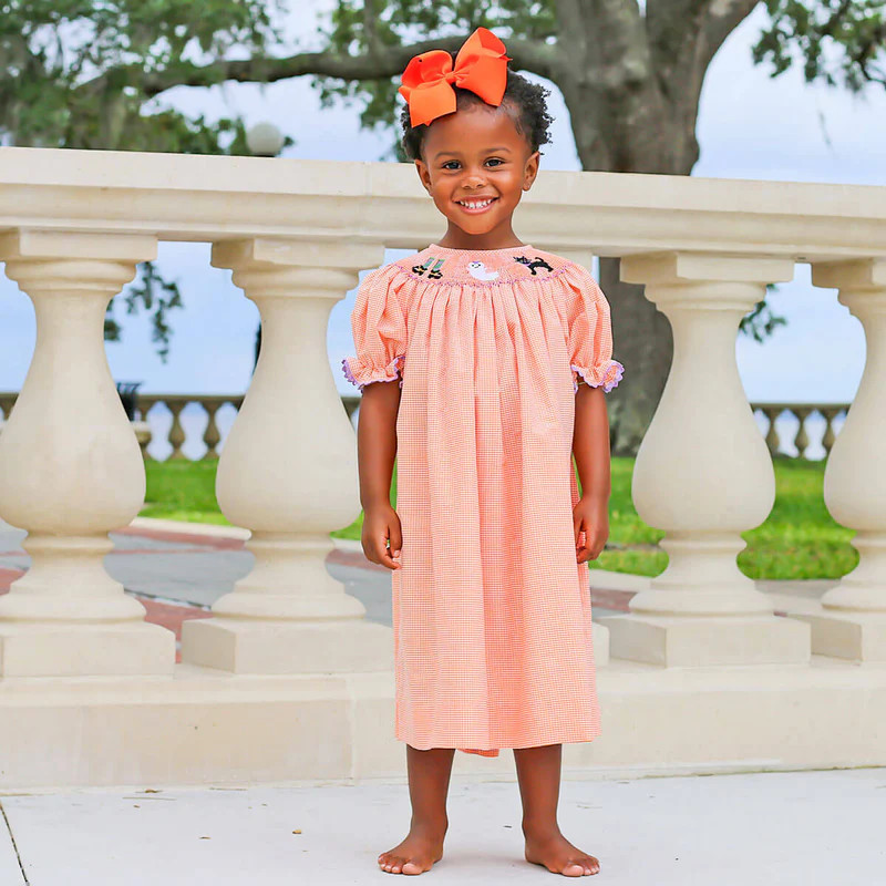Smocked Halloween Orange Gingham Dress | Classic Whimsy