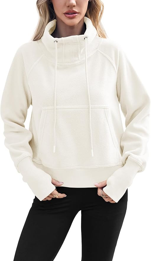 Fisoew Women's Cropped Fleece Sweatshirts Stand Collar Long Sleeve Pullover Hoodies Thumb Hole | Amazon (US)