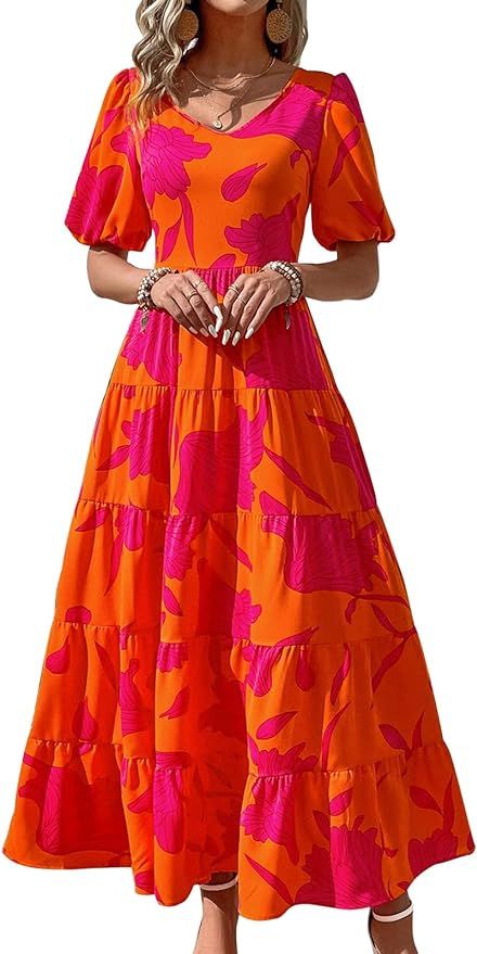 PRETTYGARDEN Womens Dresses 2024 Puff Sleeve Floral Casual Summer Dresses Smocked Backless Beach ... | Amazon (US)