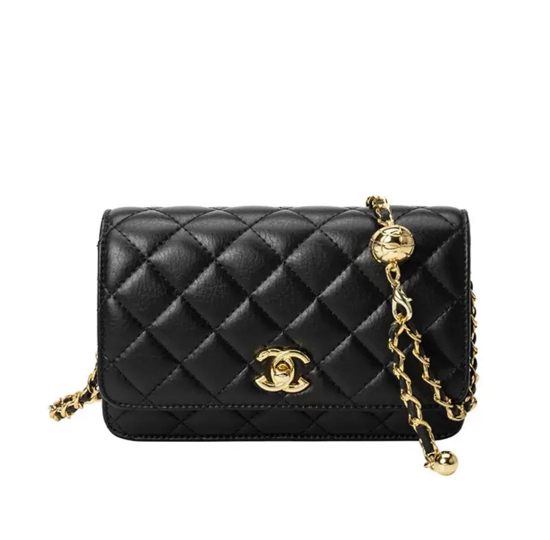 Wallet On Chain Shiny Lambskin Pearls Gold Tone Metal | Shop.app