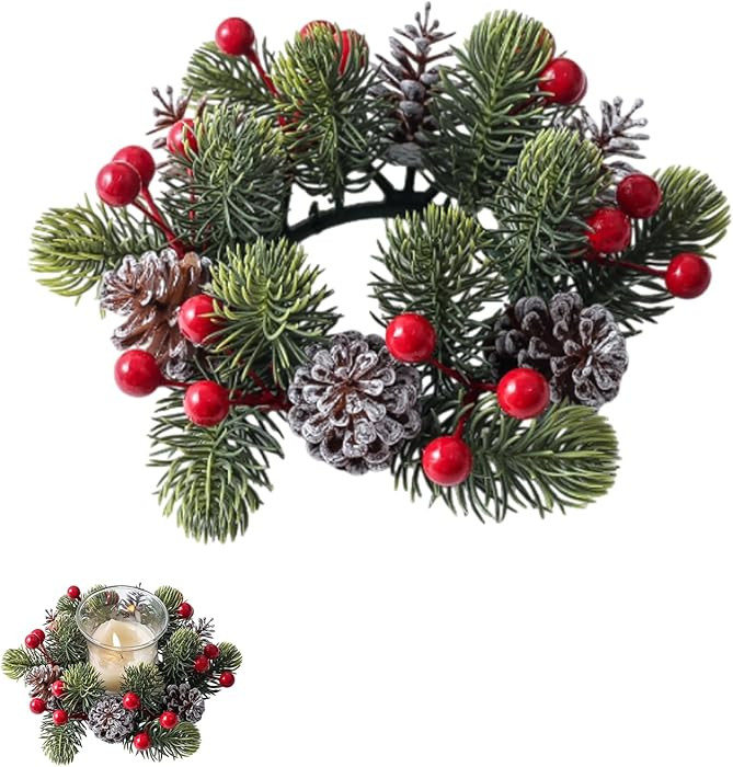 Lightweight Christmas Centerpiece Pine Leaf Candle Decoration Ring,Artificial Red Berry Pinecones... | Amazon (US)