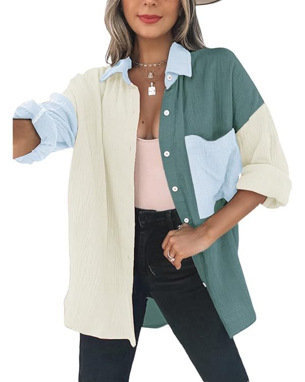 Dokotoo Womens Color Block Button Down Shirts Long Sleeve Oversized Boyfriend Blouses Tops | Amazon (US)