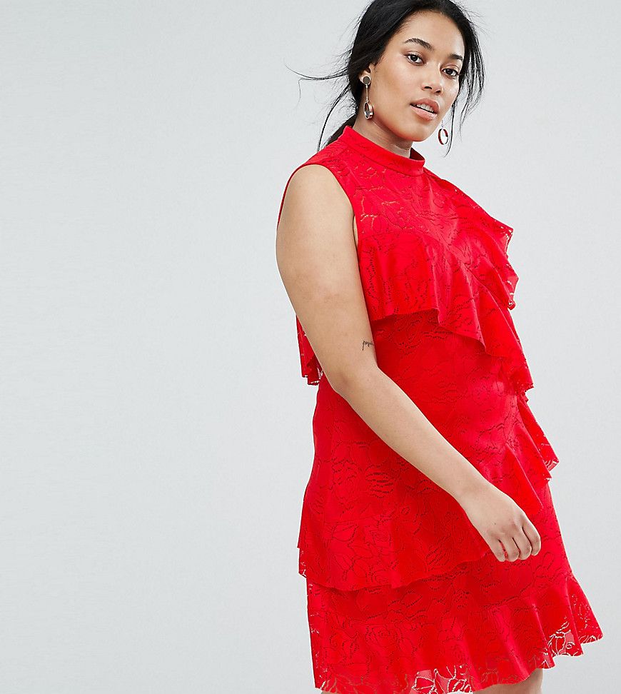 ASOS CURVE Lace Ruffle Mini Rara Dress - Red | ASOS US