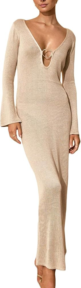 Women Open Back Long Knitted Dress Solid Color Long Sleeve V Neck Hollow Out Bodycon Maxi Dress V... | Amazon (US)