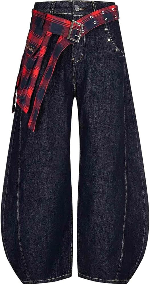 Women's Embroidered high Street Fart Curtain Plaid Jeans Wide Leg Curved Knife Casual Pants | Amazon (US)