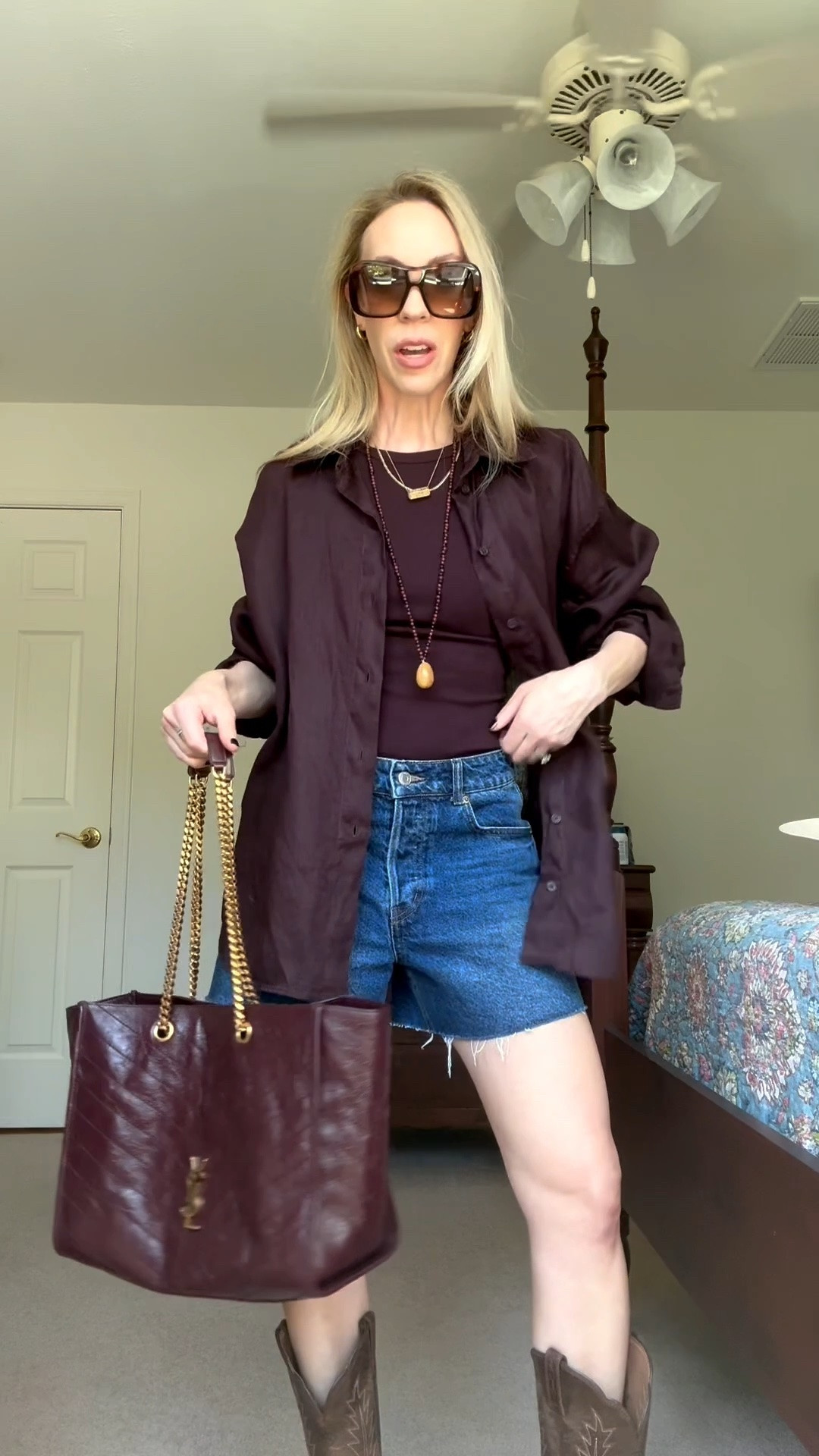 Summer to fall transitional outfit, burgundy linen shirt, denim shorts with cowboy boots, western style outfit

#LTKootd #LTKdayinmylife #LTKOver40