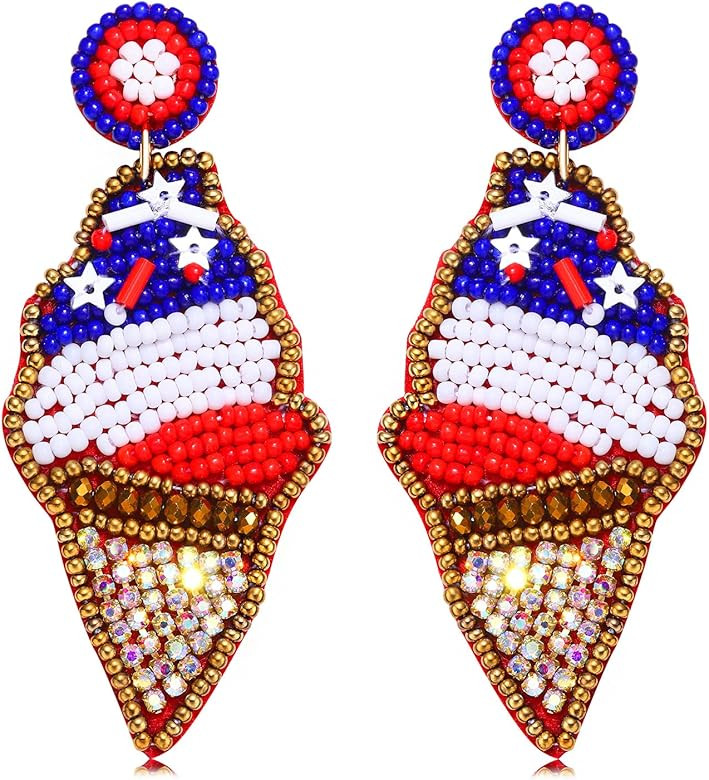 American Flag Earrings Beaded Ice-cream Heart Star Drop Dangle Earrings for Women Handmade 4th of Ju | Amazon (US)