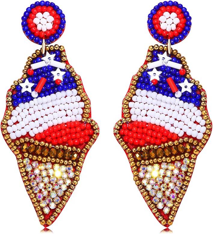 American Flag Earrings Beaded Ice-cream Heart Star Drop Dangle Earrings for Women Handmade 4th of Ju | Amazon (US)