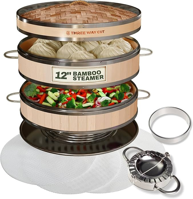 2-tier 12" Bamboo Steamer with Reinforcement & Handle, Reusable Silicone Liner & Accessories Kit ... | Amazon (US)