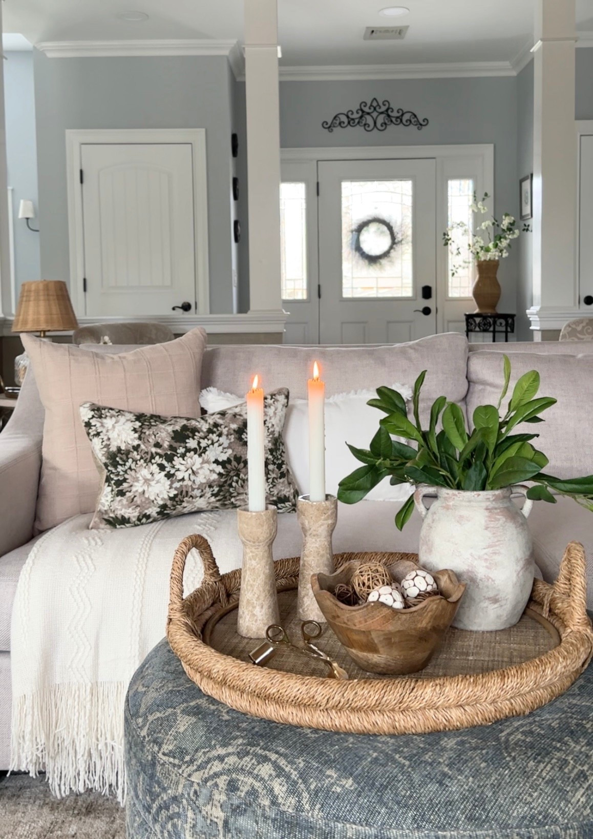 Amazon neutral throw pillows and neutral tray styling. Shop rustic vase, marble candleholders, $6 greenery, blanket, wood bowl, rattan vase, sofa and more! Target, Pottery Barn. 

#LTKHome #LTKSaleAlert