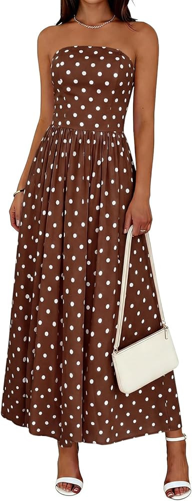 Wenrine Womens Polka Dot Strapless Dress Summer Smocked Tube Top Casual Sleeveless Long Flowy Max... | Amazon (US)