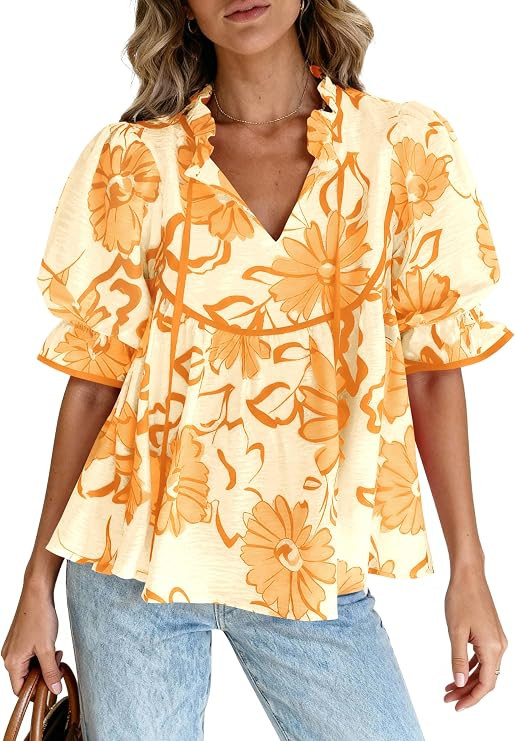 PRETTYGARDEN Womens Summer Tops 2026 Cute Puff Sleeve Ruffle V Neck Babydoll T-Shirts Boho Floral... | Amazon (US)