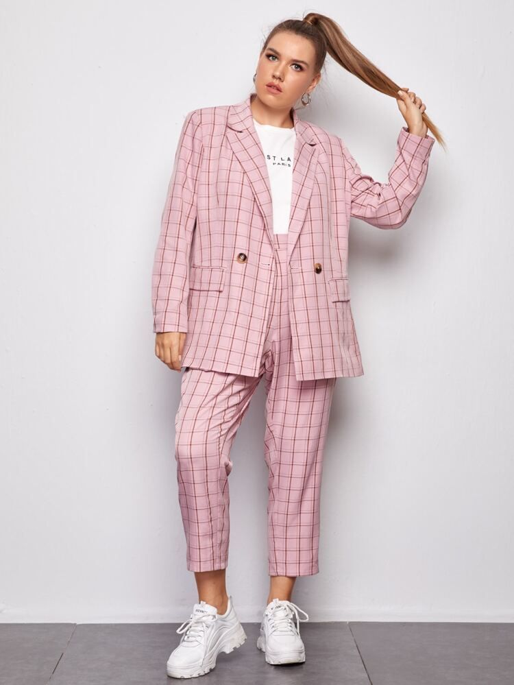 SHEIN Plus Double Button Front Plaid Blazer & Pants Set | SHEIN