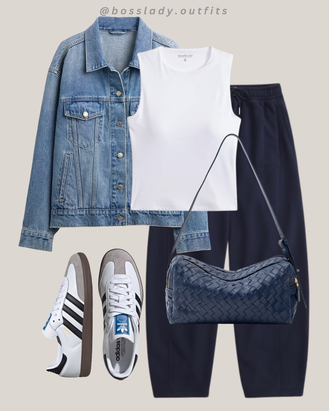 denim jacket + navy joggers = effortless done right 🤍

Tags: denim jacket outfit, white tank top, navy jogger pants, adidas samba sneakers, navy woven crossbody bag, casual weekend outfit, athleisure street style, denim jacket white tee

#LTKshoes #LTKstyletip #LTKbag