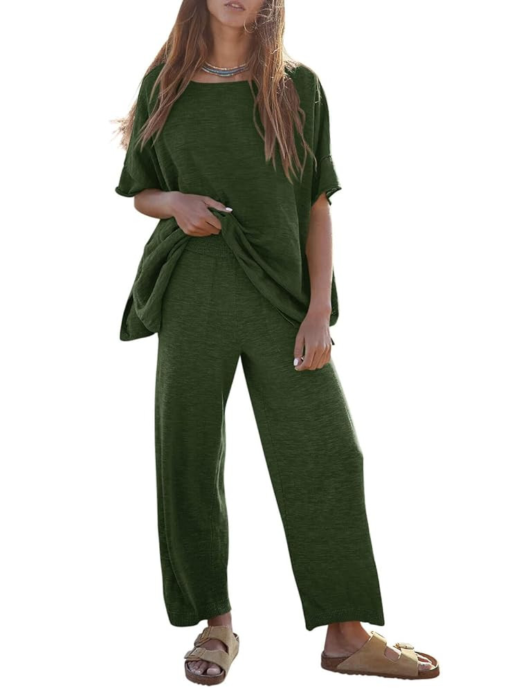 Tankaneo Women's 2 Piece Travel Outfits Casual Short Sleeve Knit Sweater Set Wide Leg Pants Loung... | Amazon (US)