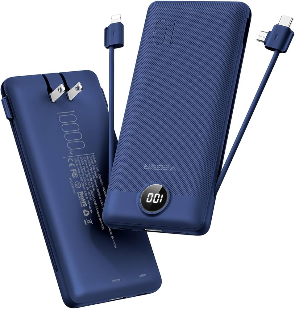 VEGER Portable Charger with Built-in AC Plug and Cables, All in One 10000mAh Ultra-Slim Power Ban... | Amazon (US)
