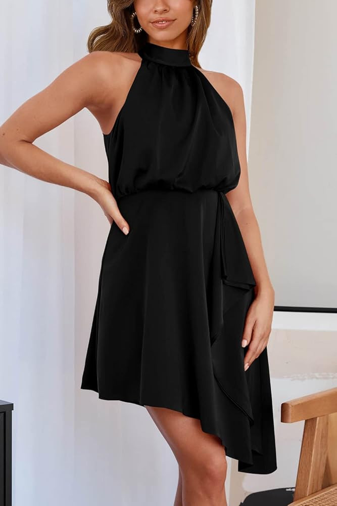 PRETTYGARDEN Women's Summer Satin Short Dress 2023 Halter Neck Irregular Hem Ruffle Mini Party Cockt | Amazon (US)