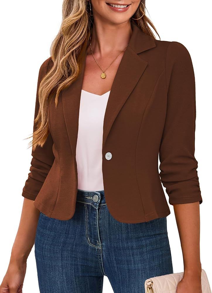 Traleubie Women's Cropped Blazers 3/4 Ruched Sleeve Lightweight Office Wear Short Blazer with But... | Amazon (US)