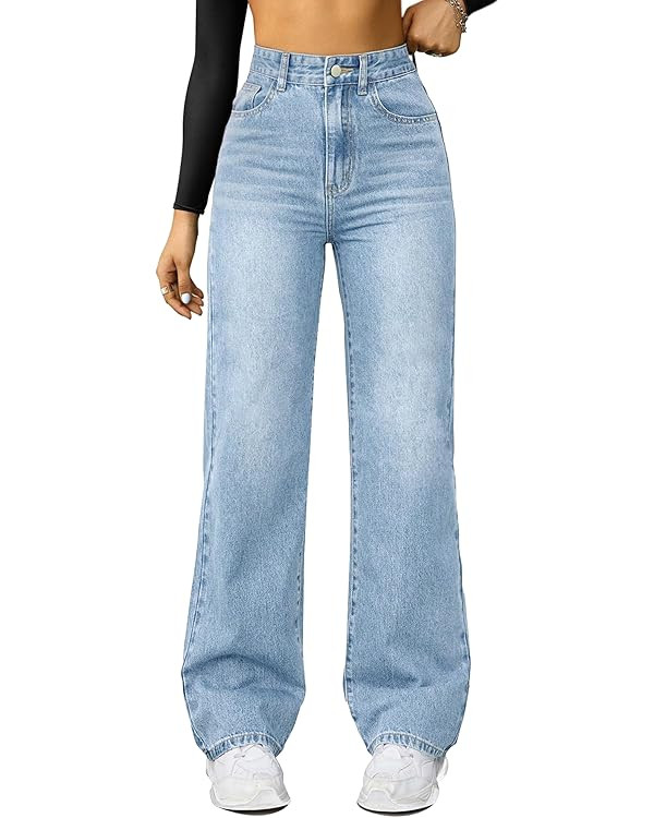 Straight Leg Jeans for Women,High Waisted Wide Leg Loose Microelastic Boyfried Denim Pants | Amazon (US)