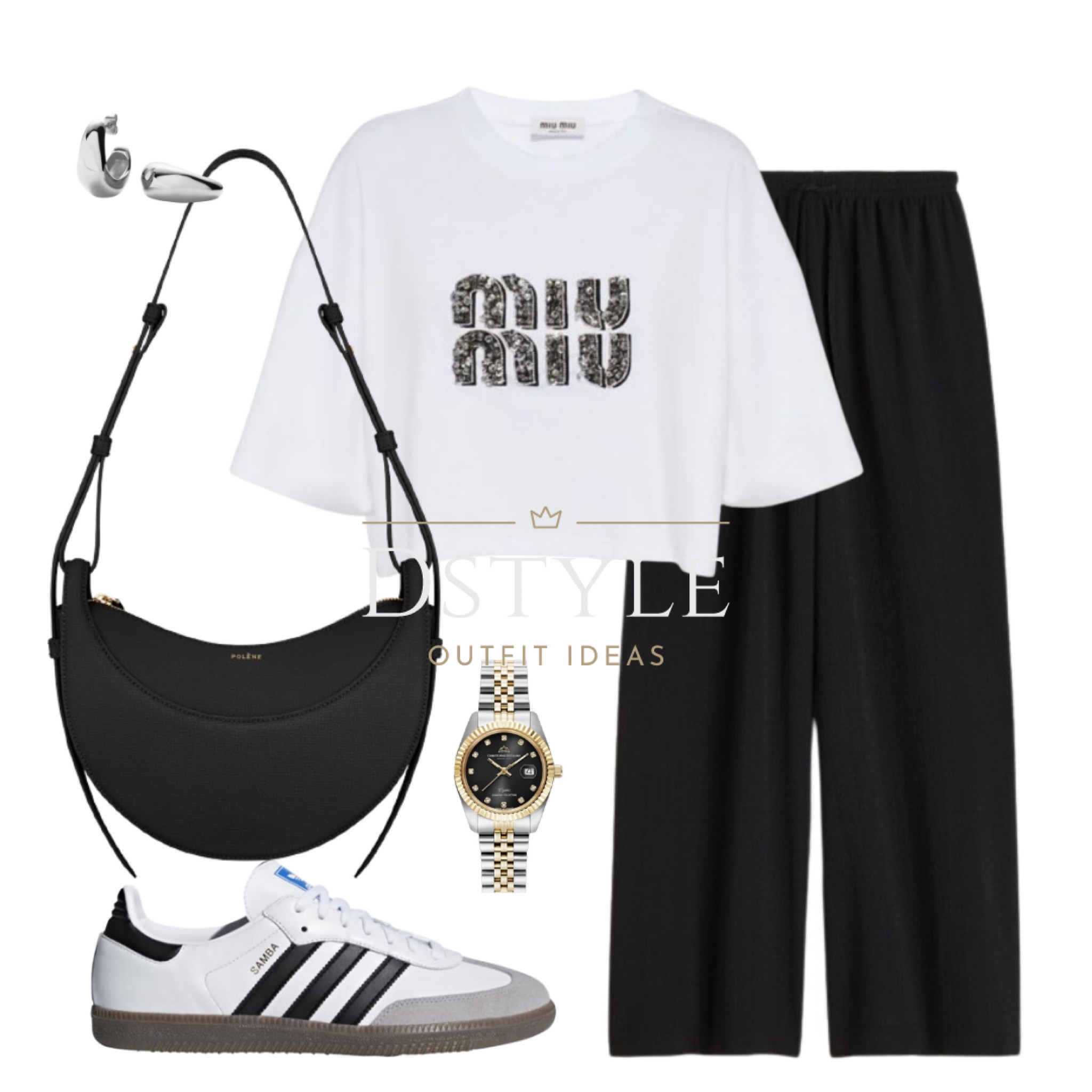 Miu Miu crystal-embellished white t-shirt, black pull-on trousers, Adidas Samba

#LTKstyletip #LTKshoecrush #LTKfindsunder50