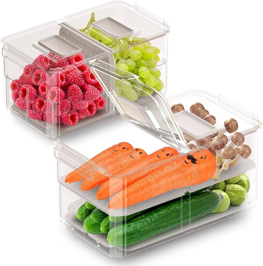 WAVELUX Produce Saver Containers for Refrigerator, Food Fruit Vegetables storage, 2 Pcs Stackable... | Amazon (US)