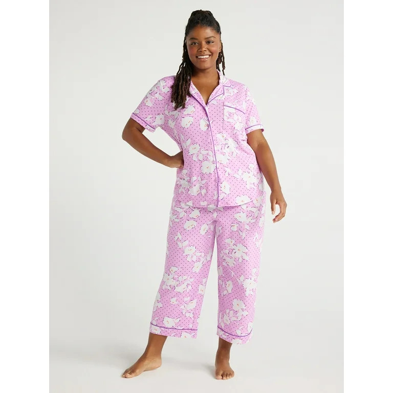Joyspun Women's Knit Notch Collar Top and Capri Pants Pajama Set, 2-Piece, Sizes S to 3X | Walmart (US)