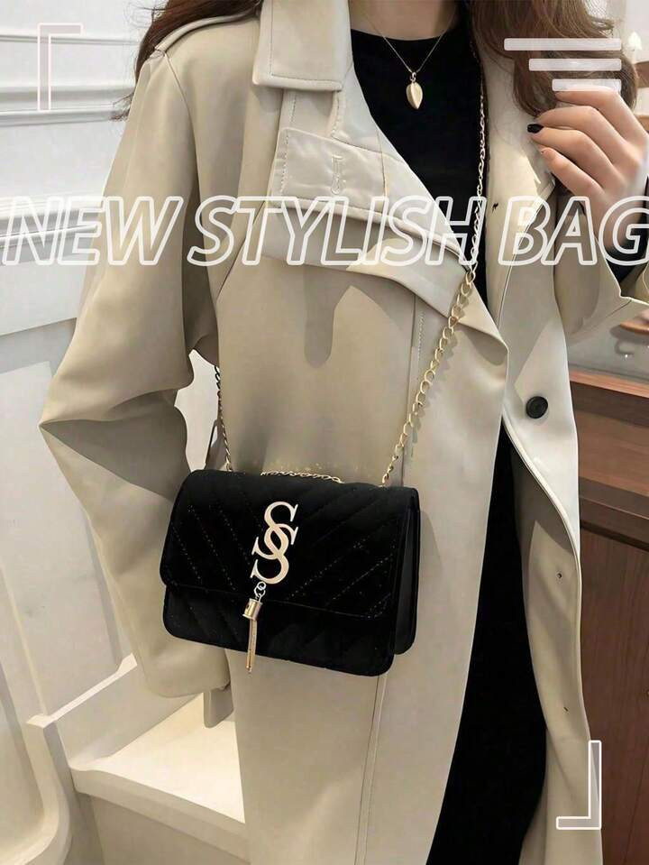 『US-Based Shipping』 Portable Outdoor Travel Vacation Cosmetic Bags, Vintage Letter S Tassel Decor Suede Quilted Shoulder Bag For Women, Versatile Small Mobile Phone Key Coin Purse, New Elegant Solid Color Square Mobile Phone Coin Evening Bag & Valentine's Day Gift, Versatile Travel Vacation Shopping Crossbody Bag, Lightweight Daily Commuting Office Chain Bags | SHEIN