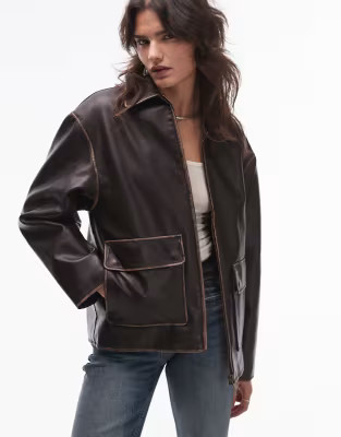 Mango faux leather zip front jacket in vintage brown | ASOS (Global)