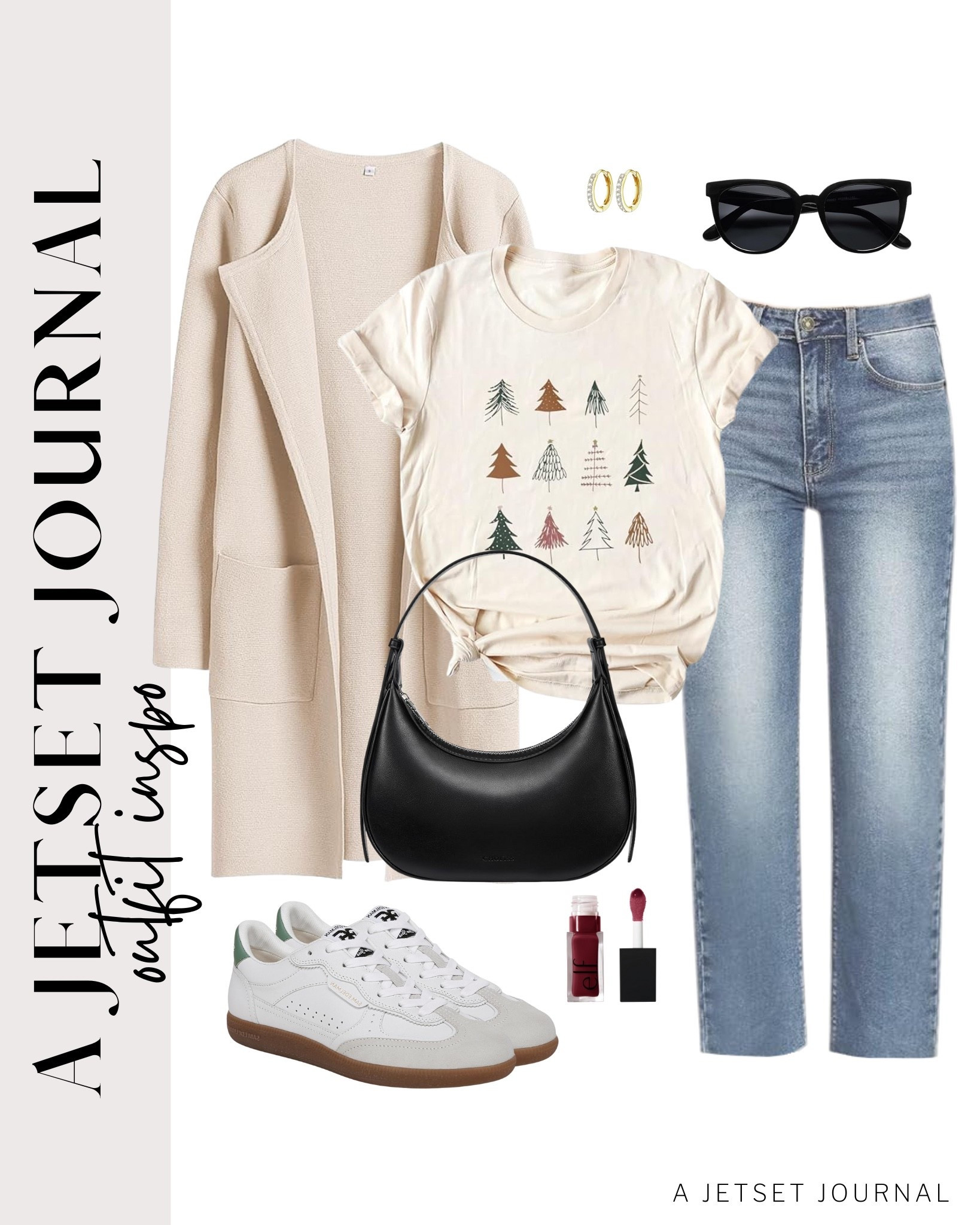 Cardigan and jeans paired with a holiday tee and sneakers for a simple look.
christmas trees shirt, casual outfit idea, holiday fashion, wide leg jeans, casual look, vacation style, winter style, makeup must have, beauty favorite, transitional outfit, functional bag, amazon fashion, affordable style

#LTKU #LTKSeasonal #LTKFindsUnder50
