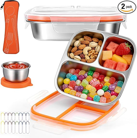 Qtencas 2 Pack Stainless Steel Snack Containers for Kids with Lid, Sauce Cups, Utensil Bag & Name... | Amazon (US)