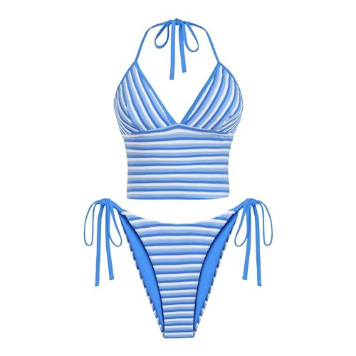 ZAFUL Swim Suit for Women 2025 Halter Neck Self Tie Bikini Bathing Suit Sexy V Neck Fashion Tankini Set Blue Medium | Amazon (US)