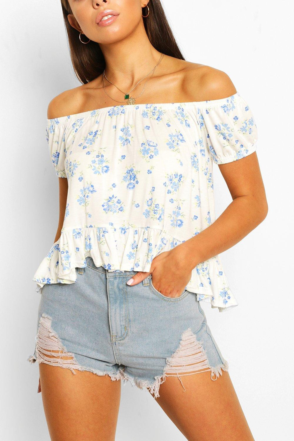 Womens Ditsy Off The Shoulder Crop Top - Blue - 2 | Boohoo.com (US & CA)