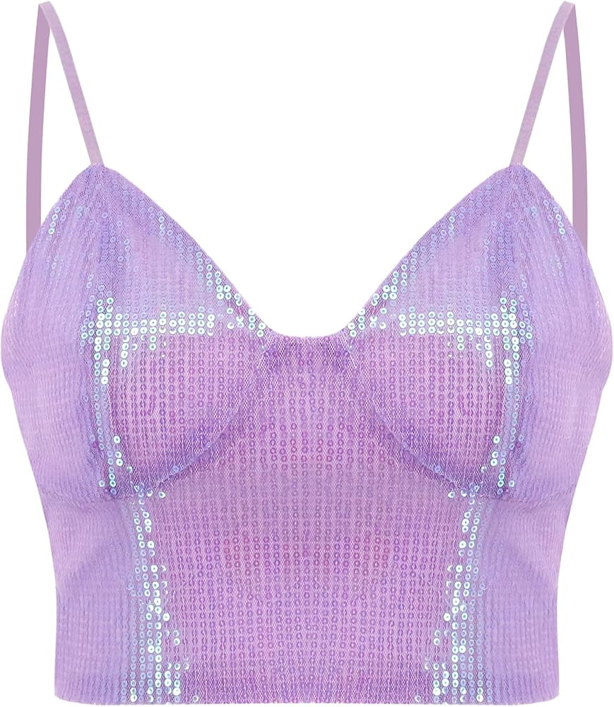 Vimoisa Women Reflective Metallic Tank Top Bustier Spaghetti Strap Crop Top Tight Sleeveless Tube... | Amazon (US)