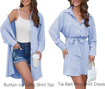 KOJOOIN Women's Long Sleeve Tie Belt Mini Shirt Dress Collared Button Up Long Shirt Top | Amazon (US)