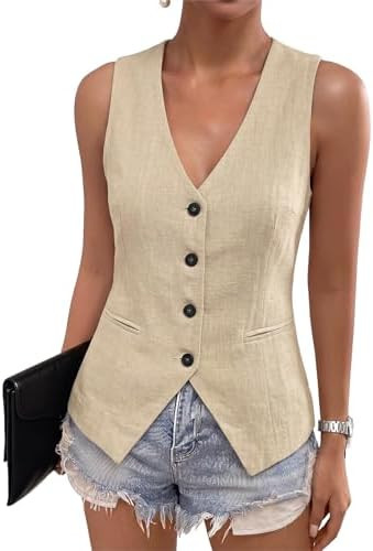 Dokotoo Womens Vest Dressy Casual V-Neck Button-Down Lined Suit Jacket Waistcoat Versatile Vests | Amazon (US)