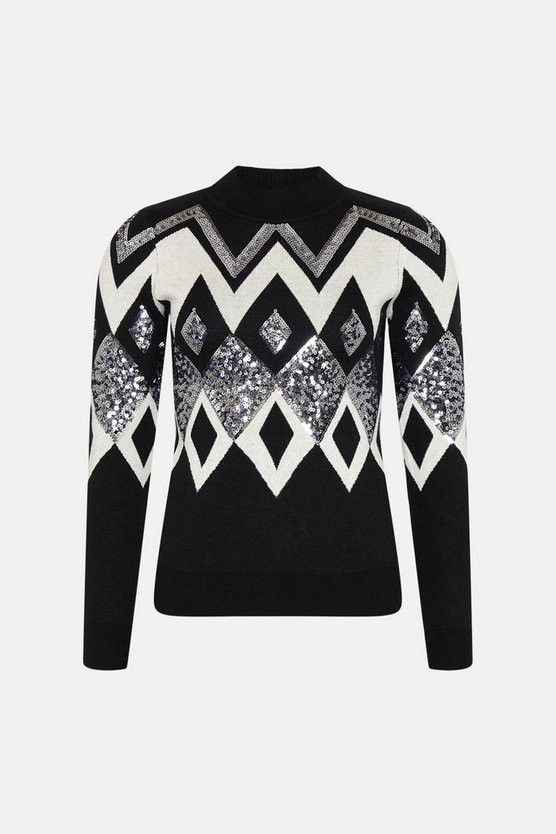 Sequin Fairisle Funnel Neck Jumper | Karen Millen UK + IE + DE + NL