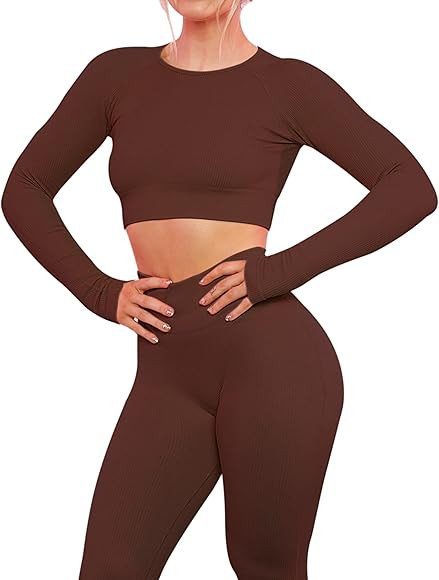 VALANDY Women's Workout Set 2 Piece Gym Seamless Leggings Ribbed Crop Top Active Wear Outfits | Amazon (CA)