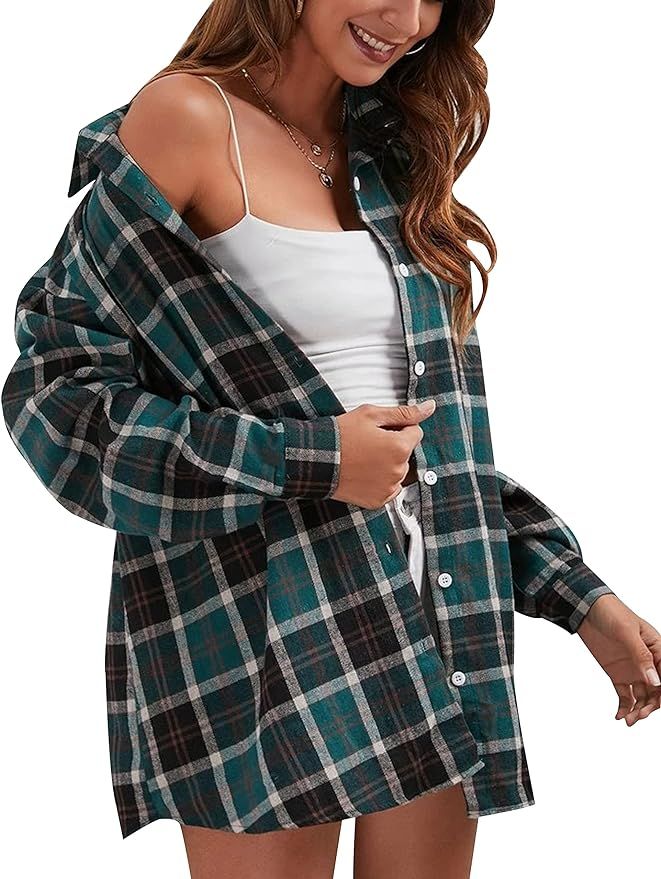 HangNiFang Womens Flannel Plaid Shirts Oversized Button Down Shirts Blouse Tops | Amazon (US)