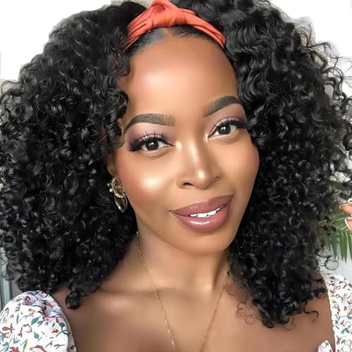 ISEE Headband Wig Human Hair Kinky Curly Human Hair Wigs for Black Women Glueless None Lace Front Wigs 180% Density 26inch | Amazon (US)