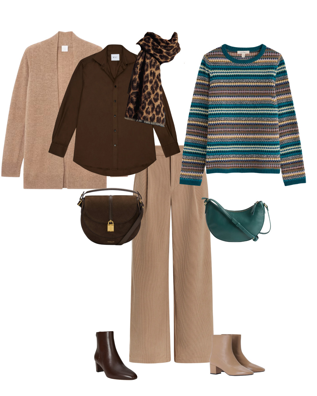 How to wear camel trousers here mixed with chcolate shirt, camel cashmere cardigan and chocolate accessories, or with a teal stripe knit and bag 

 #LTKautumn #LTKover50style #LTKstyletip